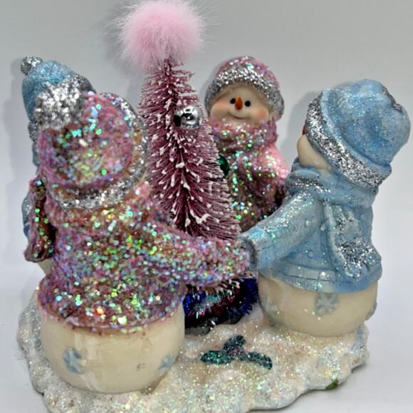 Unbranded Other - Vintage Four Pastel Pink Blue Snowmen & Pink Bottle Brush Tree Faux Fur OMG OOAK